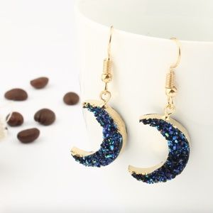 midight Blue iridescent druzy crescent earrings